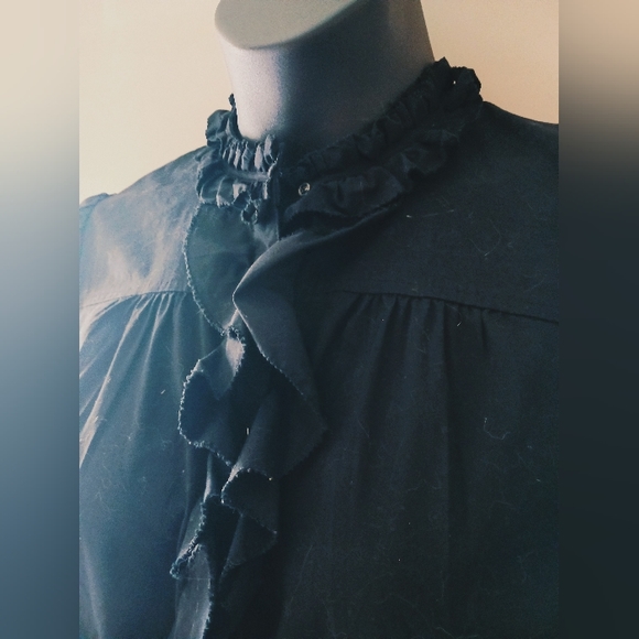 Black "MIXIT" stretch short cuffed sleeve ruffled chest work button-down shirt - Picture 3 of 4